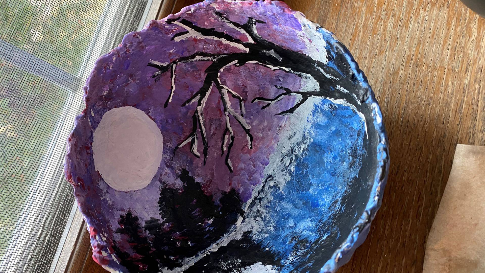 handmade bowl painted with a night scene inside