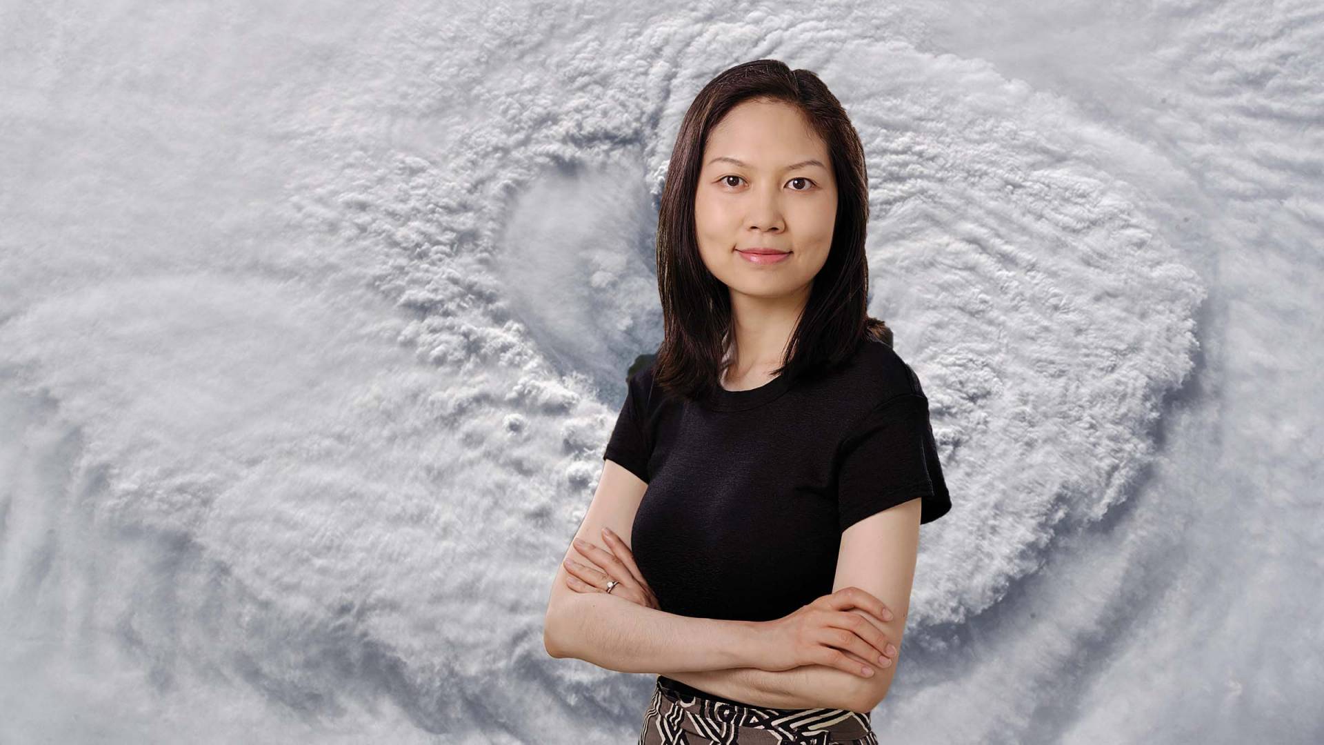 Ning Lin with a hurricane superimposed behind her