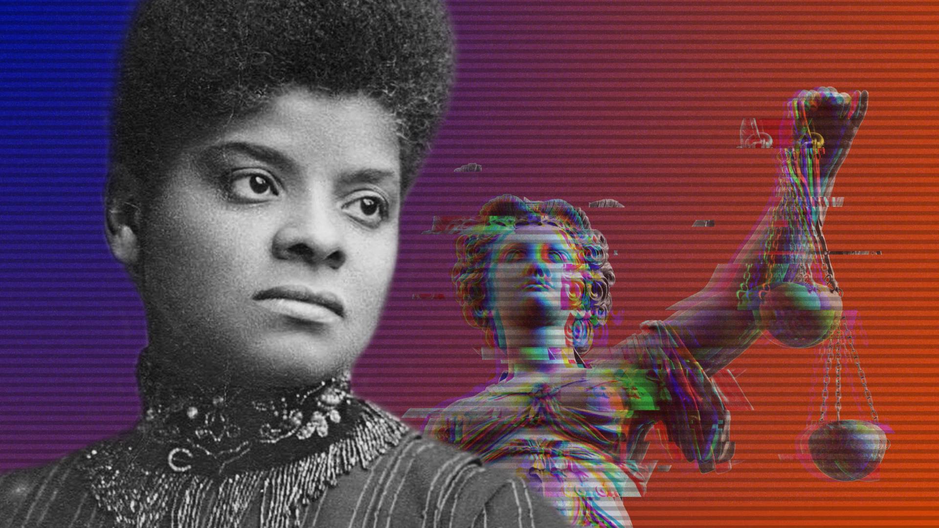 Ida B. Wells looks into the distance while classical Justice looks over her shoulder, holding her scales