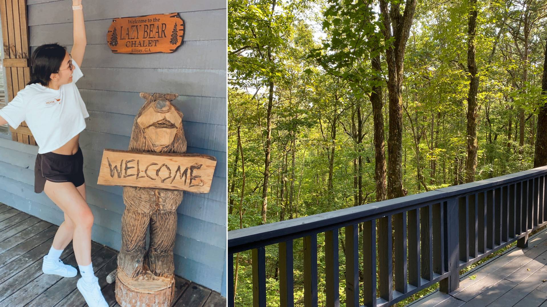 Lucy presents the cabin signs, "Welcome" held by a carving of a bear and "Welcome to the Lazy Bear Chalet, Ellijay, GA" and the tree-filled view from the back