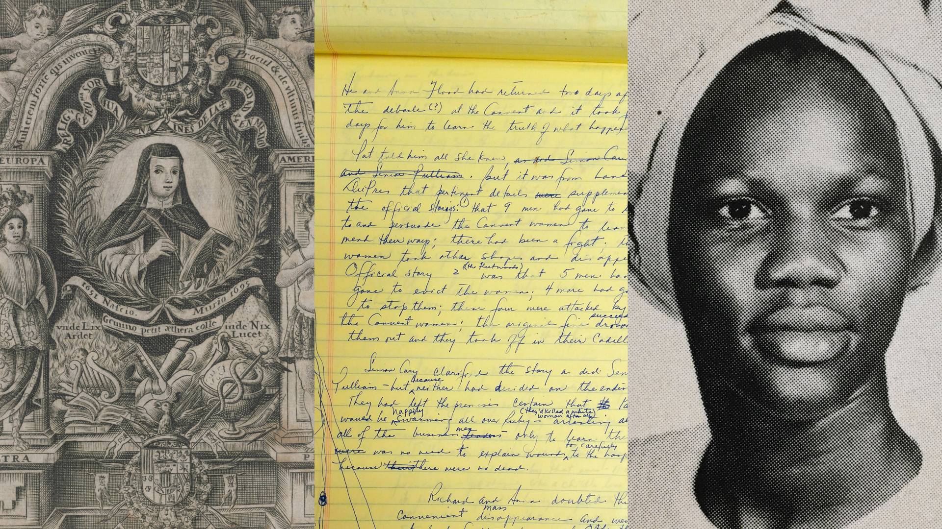 Sor Ines book illustration, Toni Morrison handwritten notes, portrait of a woman wearing a turban