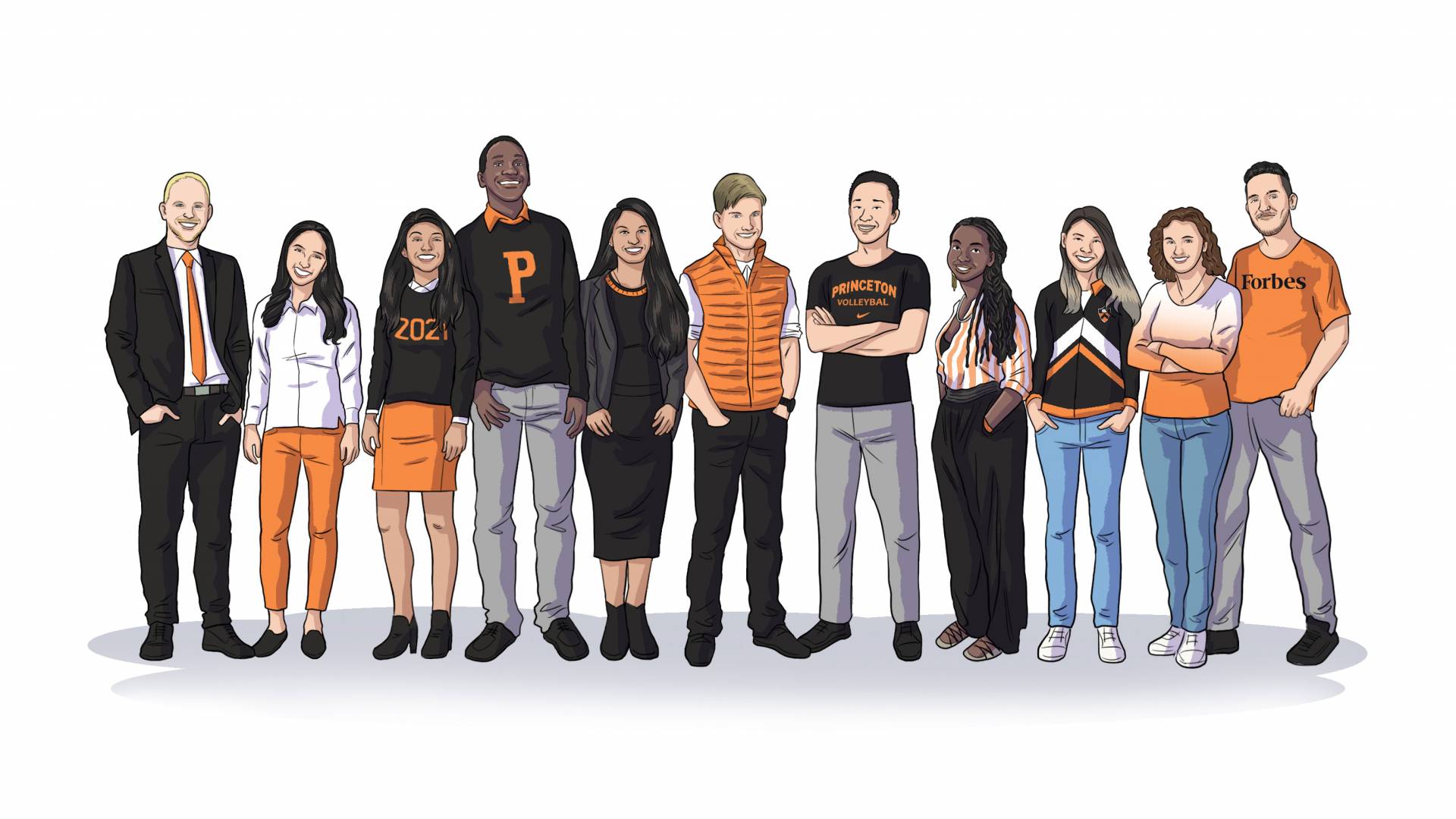 a row of illustrated students awarded the Spirit of Princeton Prize