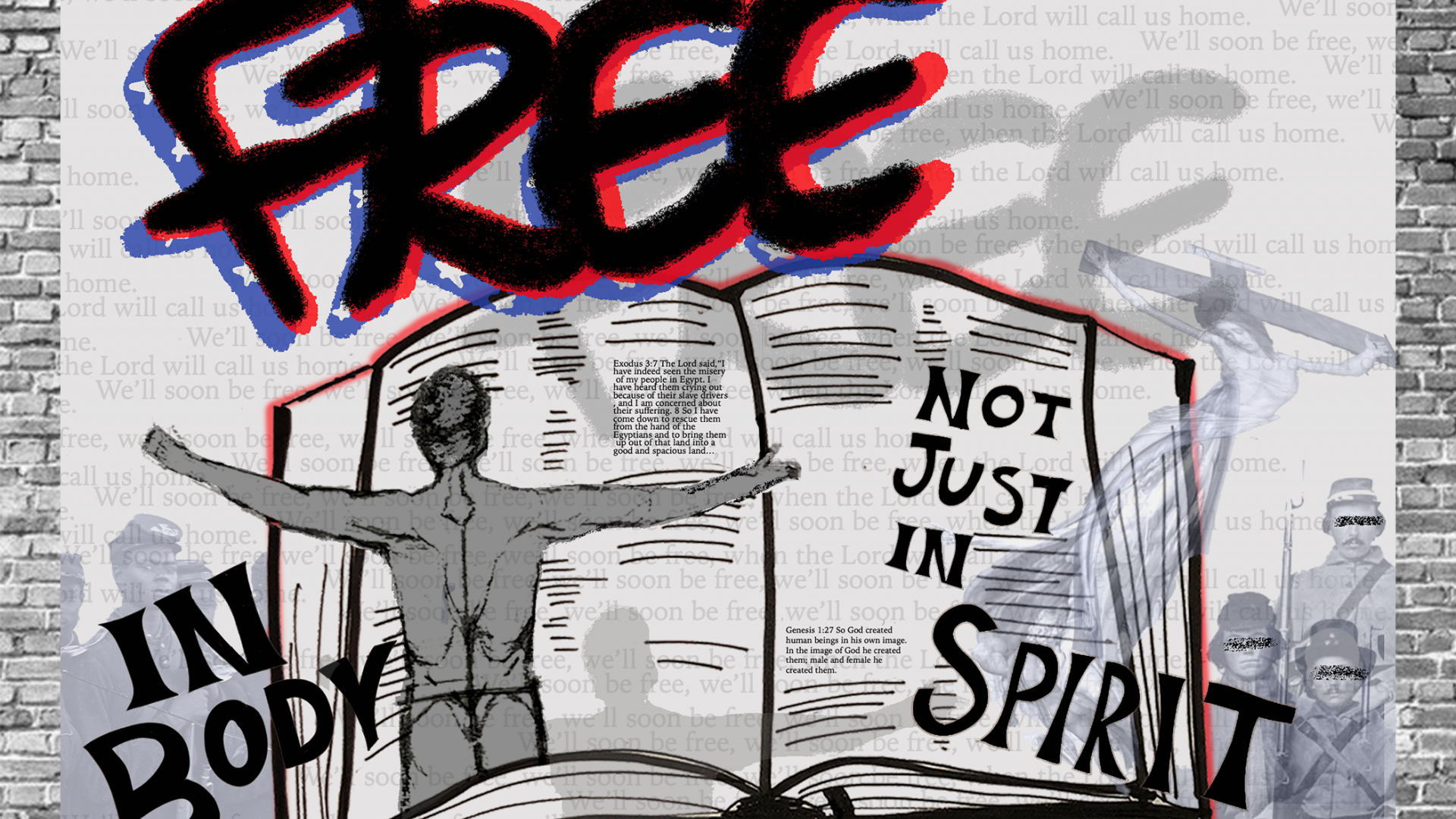 An open book with a torso with arms outstretched, words "Free, in body not just in spirit"
