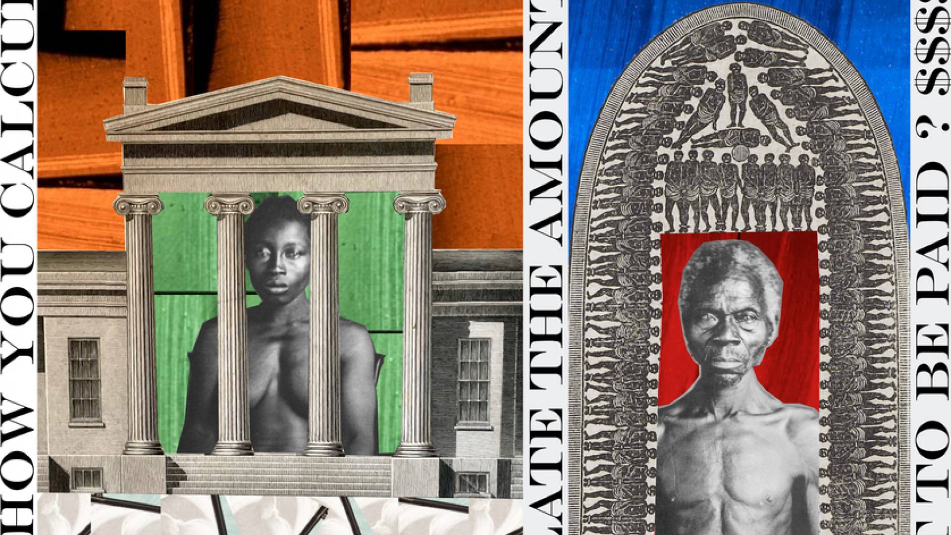 Collage of a woman behind classical architecture and man surrounded by carvings with words, "How you calculate the amount to be paid? $$$"