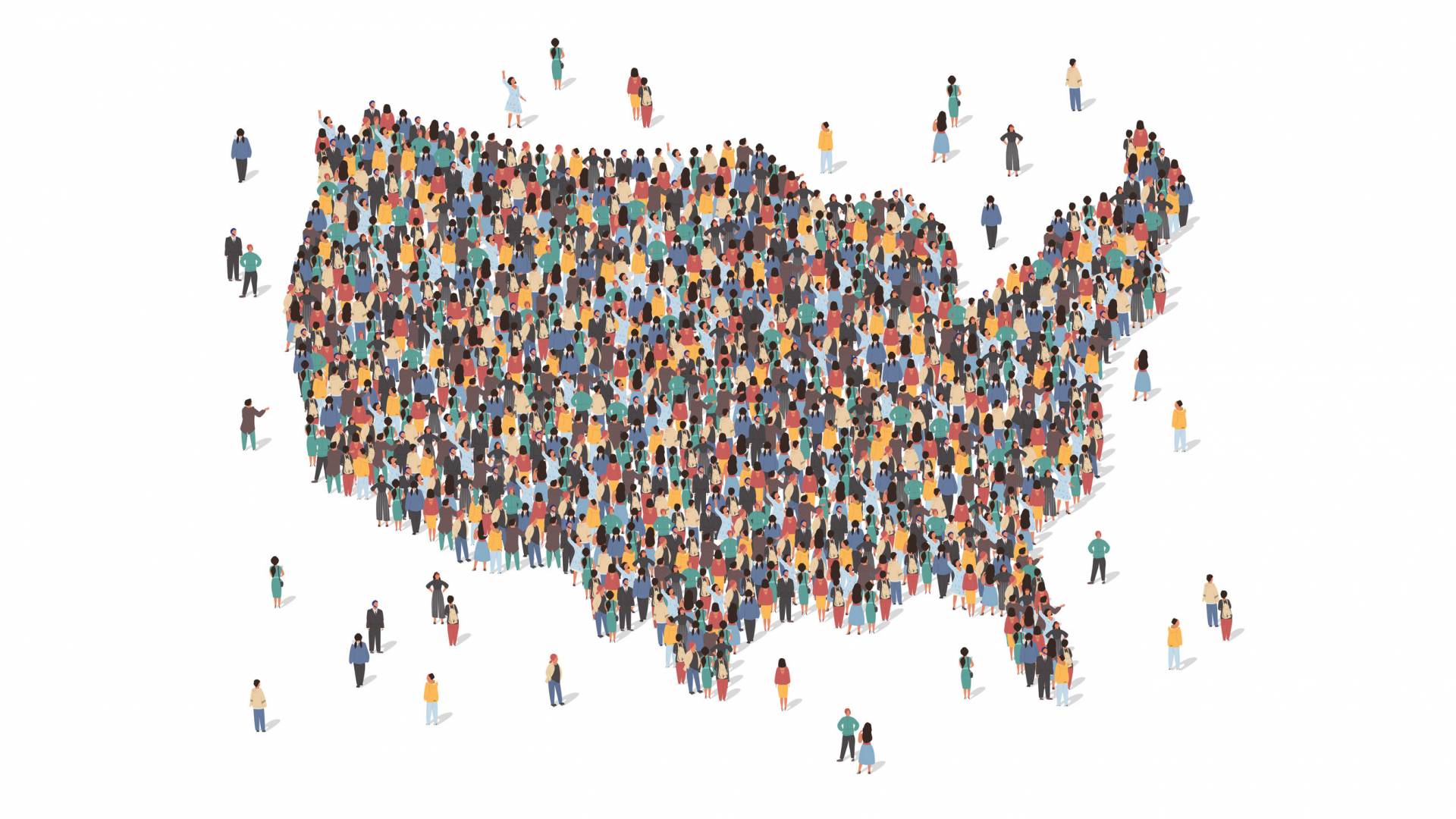 Decorative image of people gathered in the shape of the U.S.