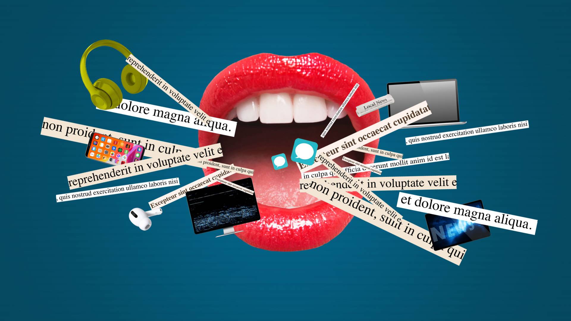 open mouth with random words , text icons, TVs, cell phones, headphones and computers headed towards it