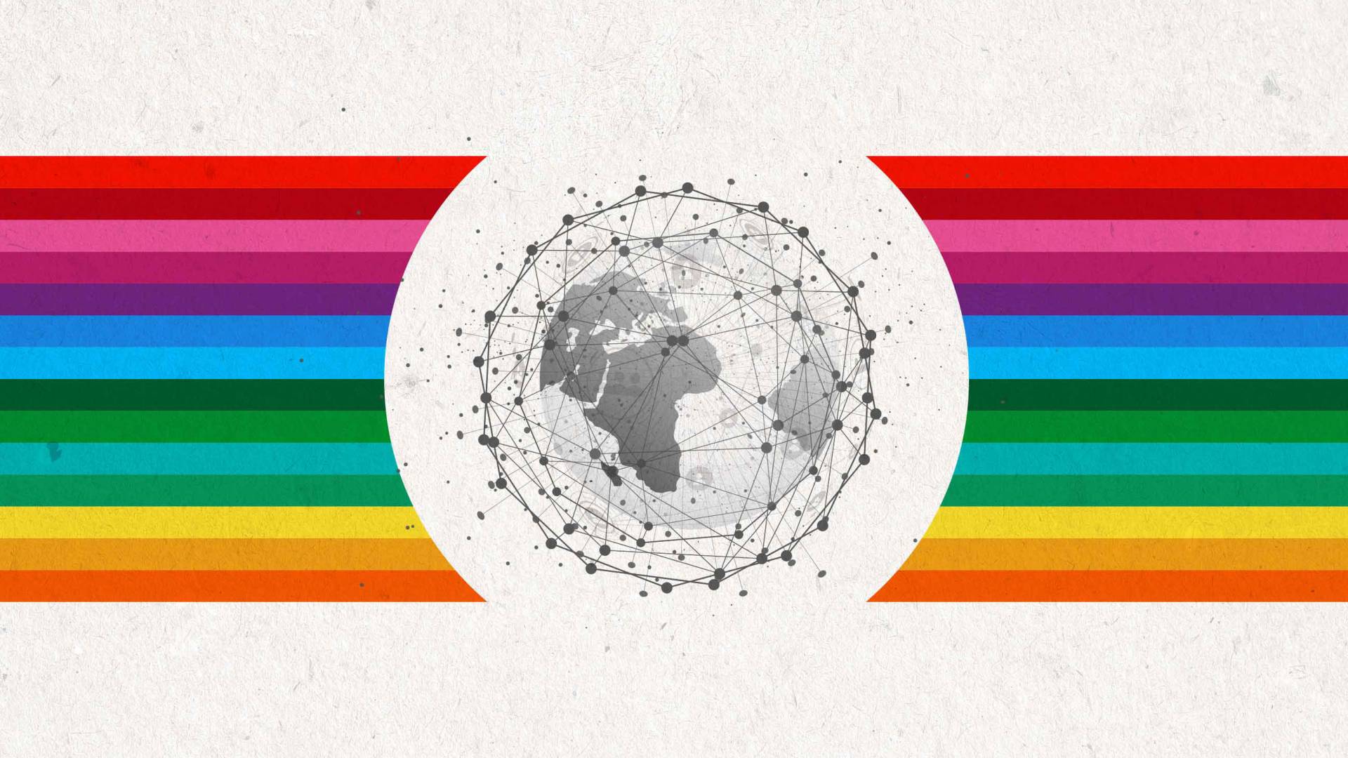 Rainbow colored illustration of a globe on horizontal stripbes