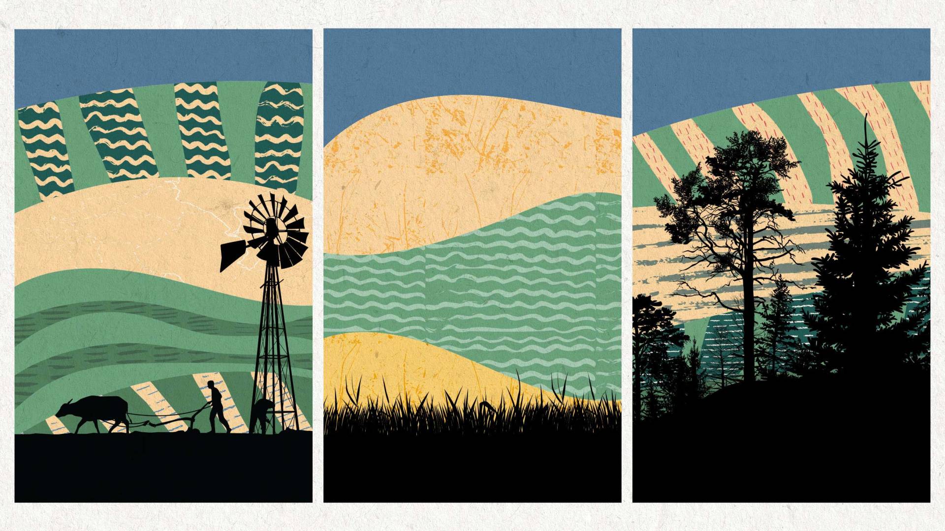 silhouettes of a farmer plowing, a windmill, farrow fields and forest