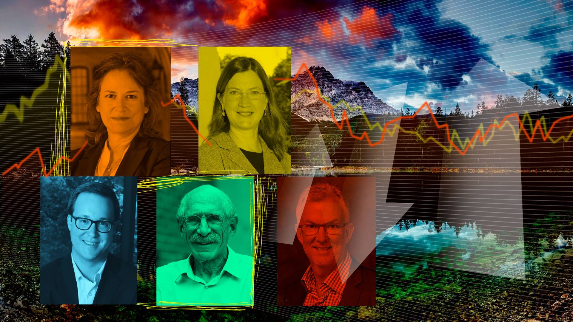 5 professors on a mountain range background with financial-style arrows and line graphs