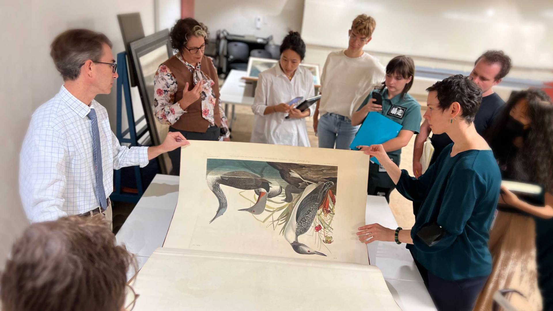 Rachael DeLue lectures about the bird print in a rare book