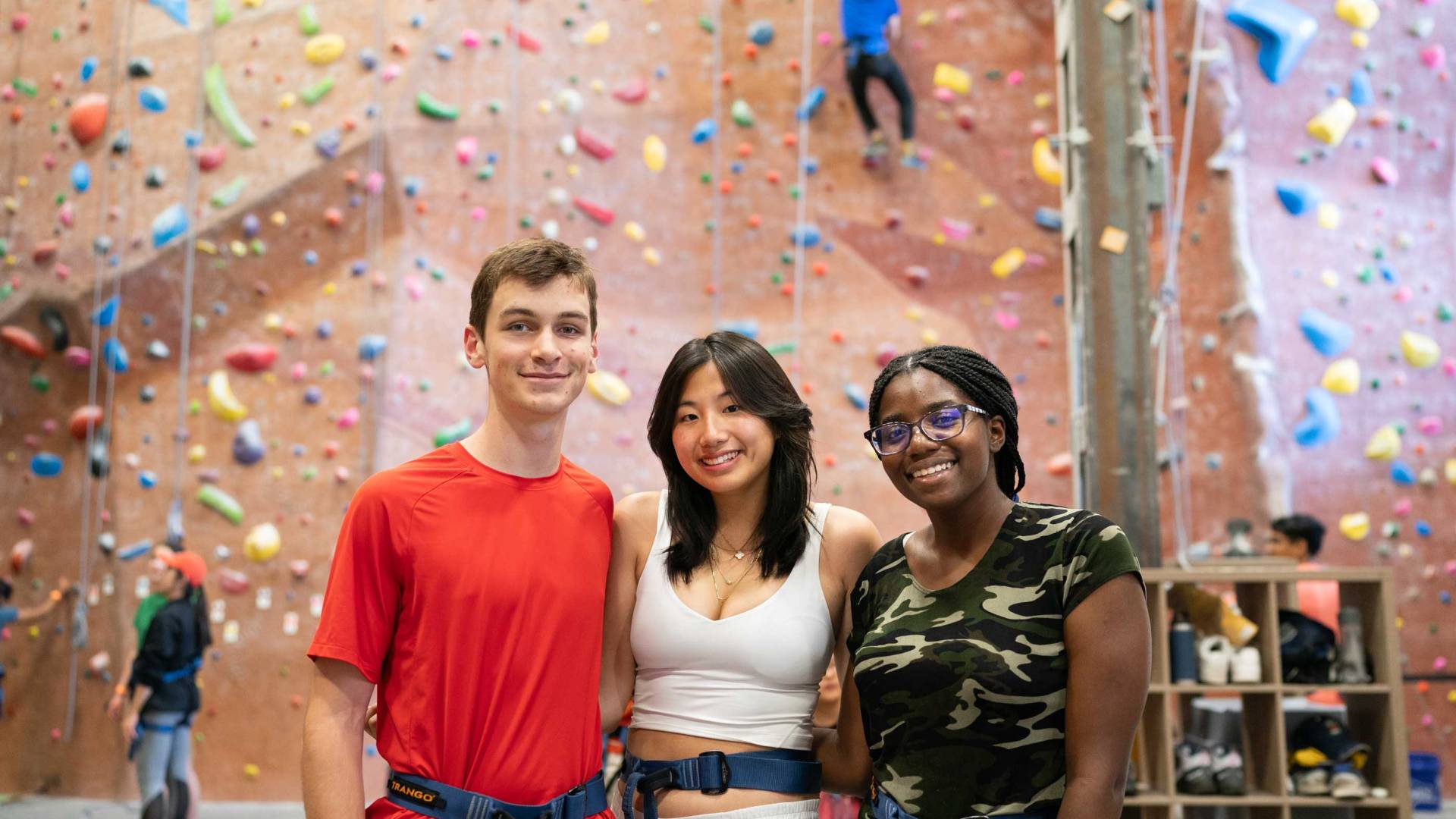 A group of students at the rock climbing facility