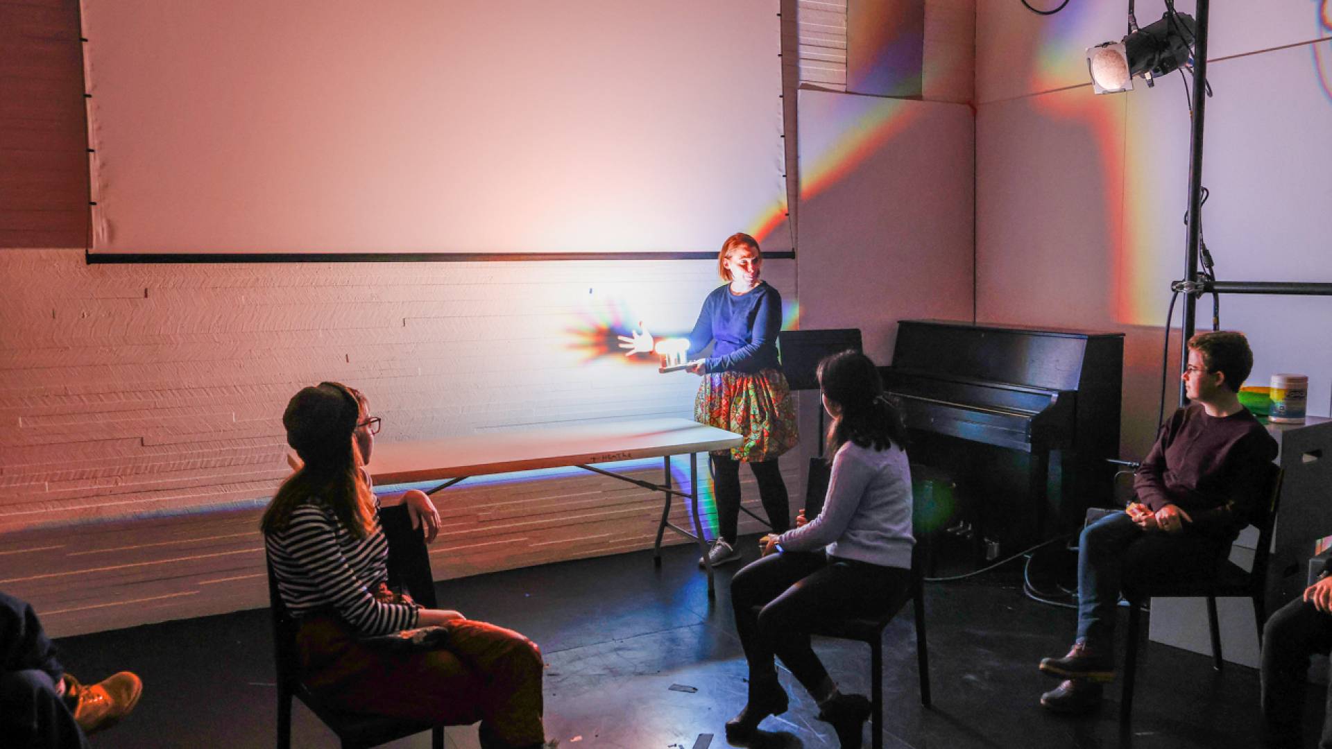 Lighting designer Tess James, a lecturer in theater and the Lewis Center for the Arts, leads the Wintersession workshop "Color and Light." The hands-on class explored how color and light shape our perspectives on the world.