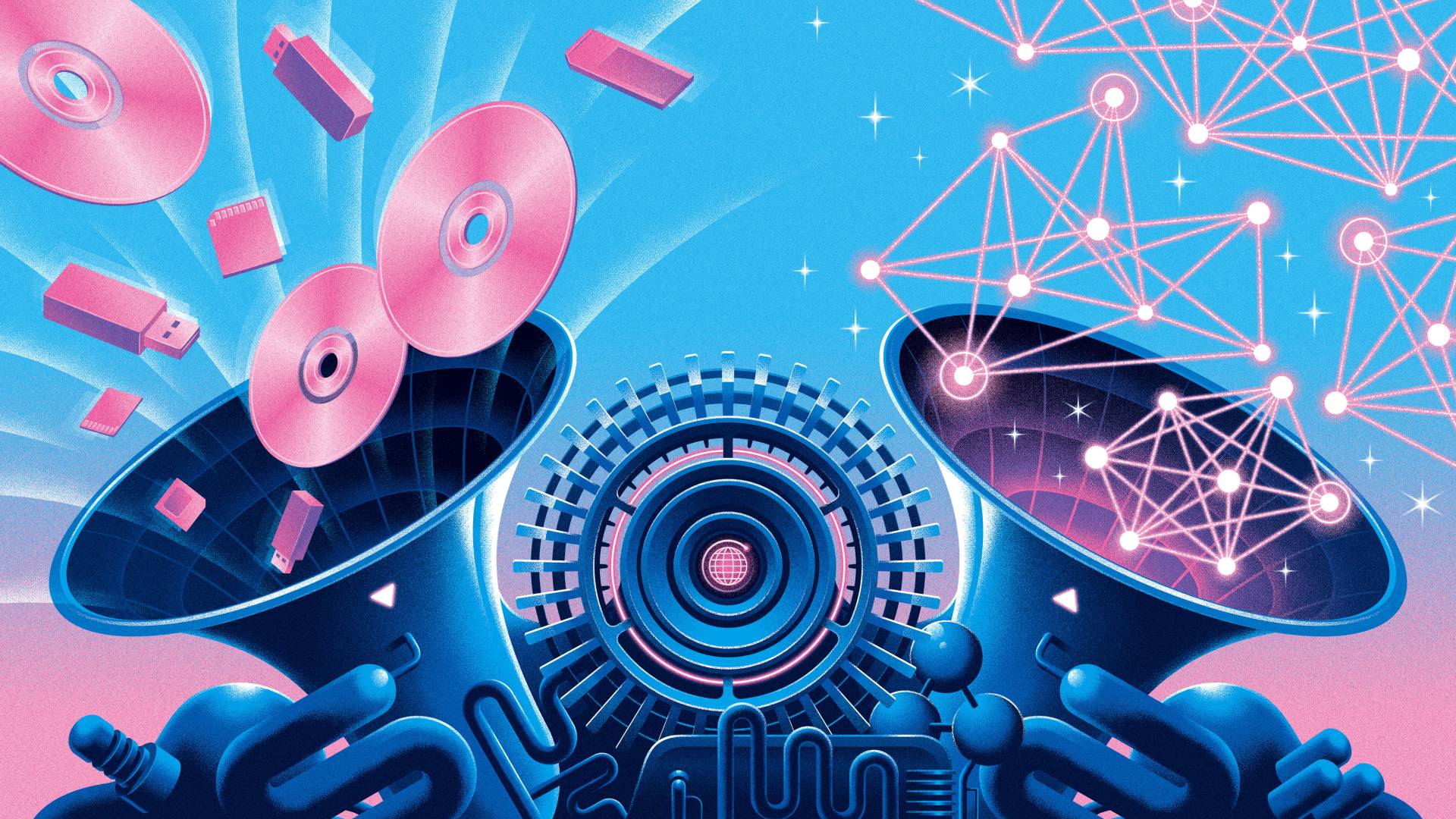 Fanciful depiction of distributed servers feeding data from digital media into the cloud.