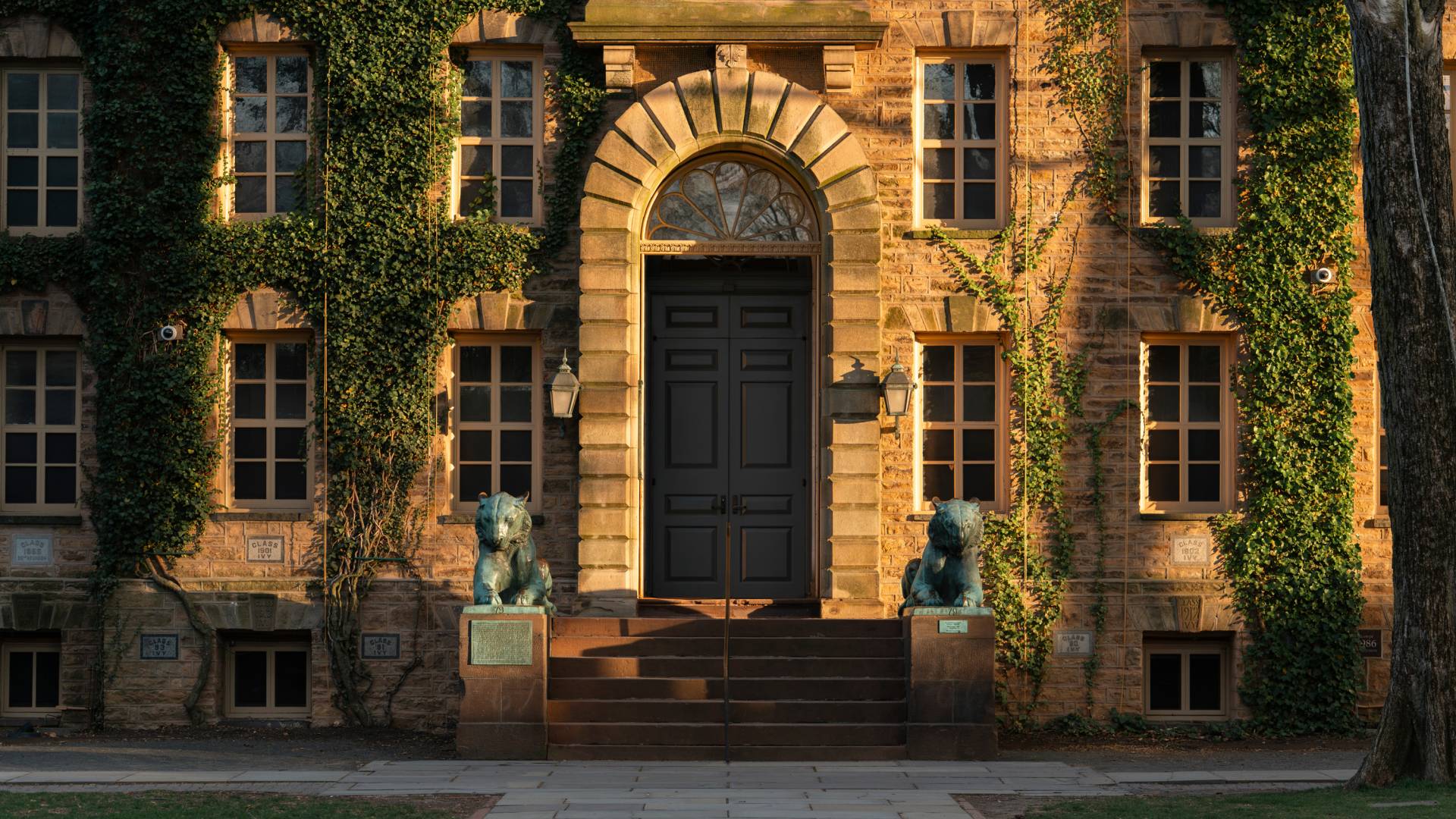 Nassau Hall at sunset with a warm glow over its bronze tiger sculptures