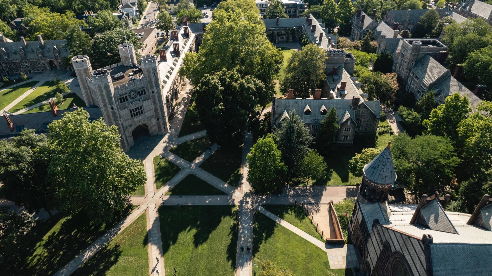 Arial view of campus in summer.