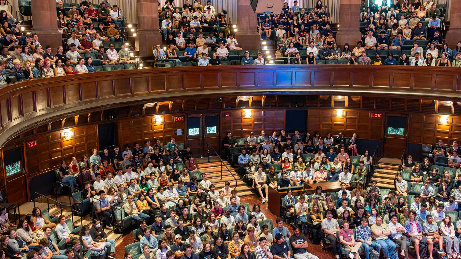 Graduate students fill Richardson Auditorium for an Orientation assembly.