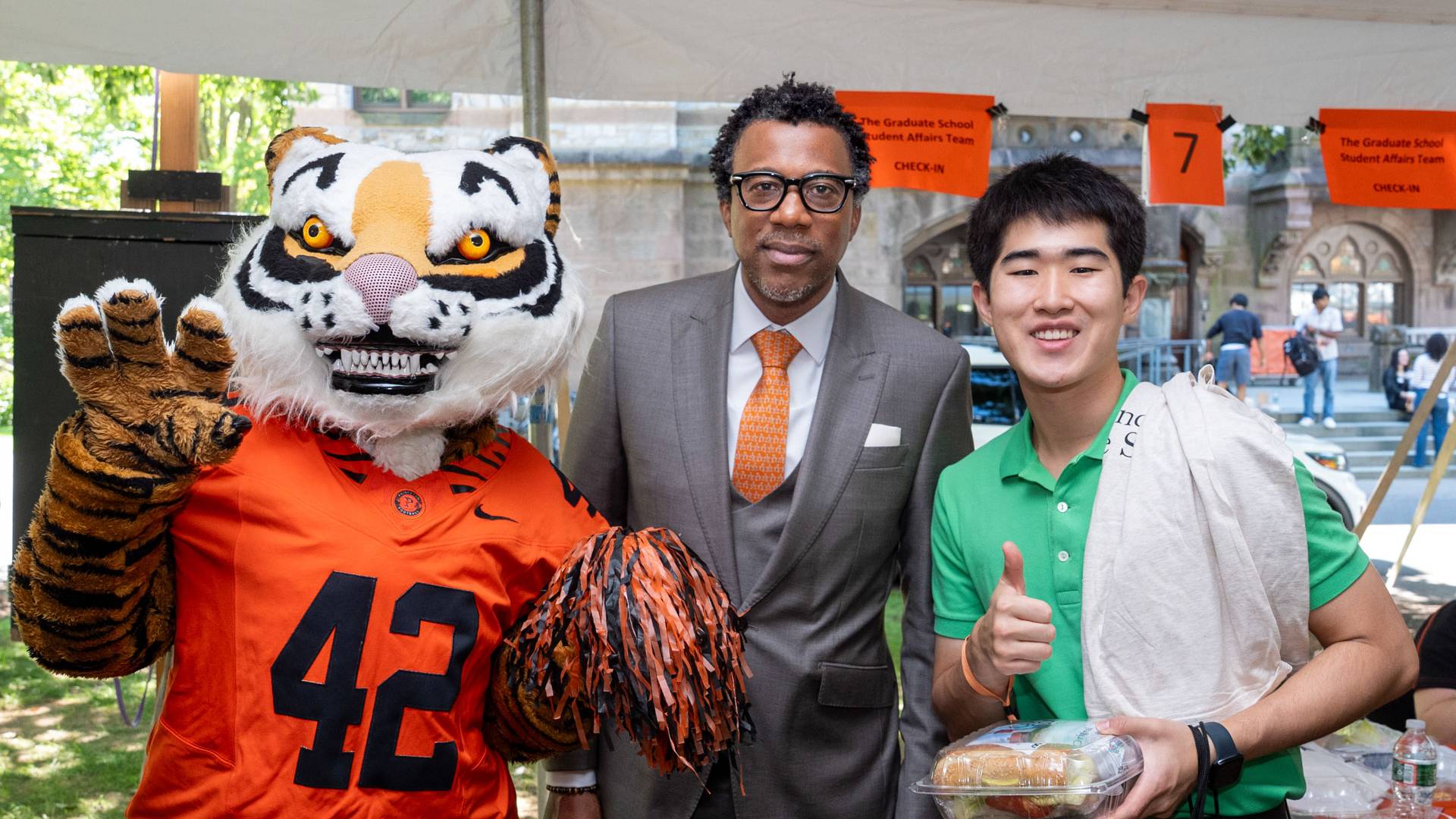 The Princeton Tiger mascot with Dean Priestley and a new Princeton grad student.