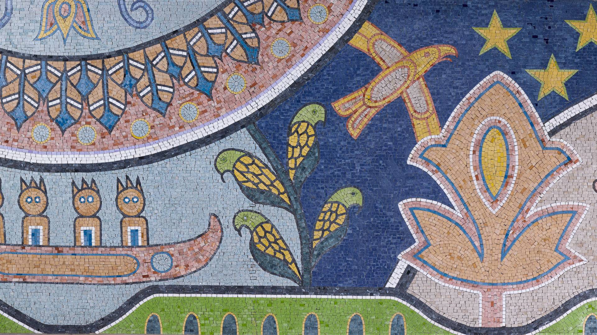 Detail of mosaic with canoe and birds