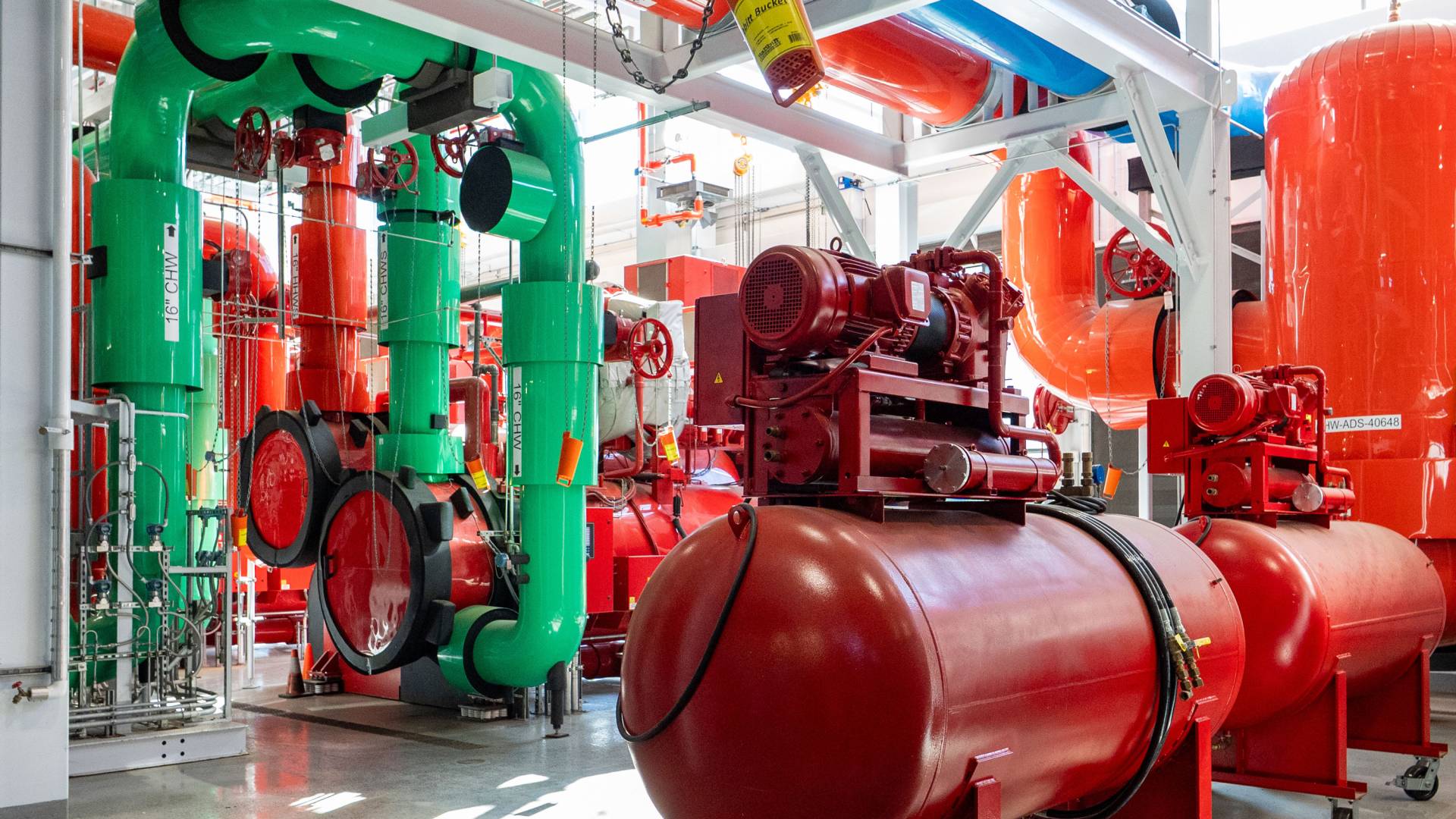 Pipes and pumps that are part of the pioneering geo-exchange energy system.