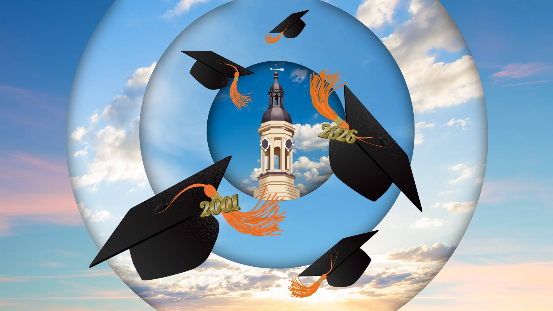 mortarboards in the air in front of circles of blue skies and Nassau Hall