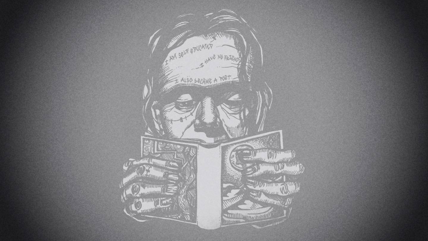 Illustration of Frankenstein reading a book