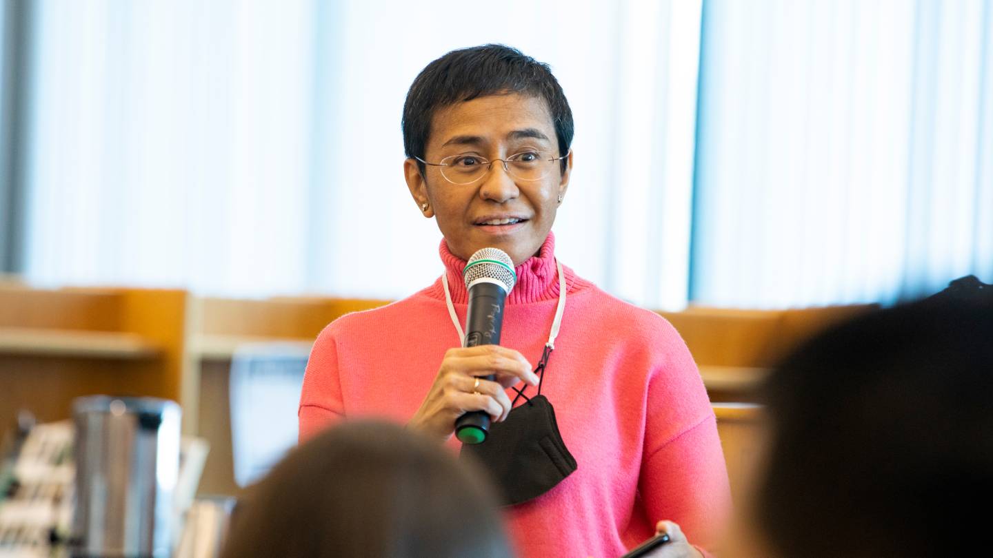 Maria Ressa speaks to an audience of Toms River students