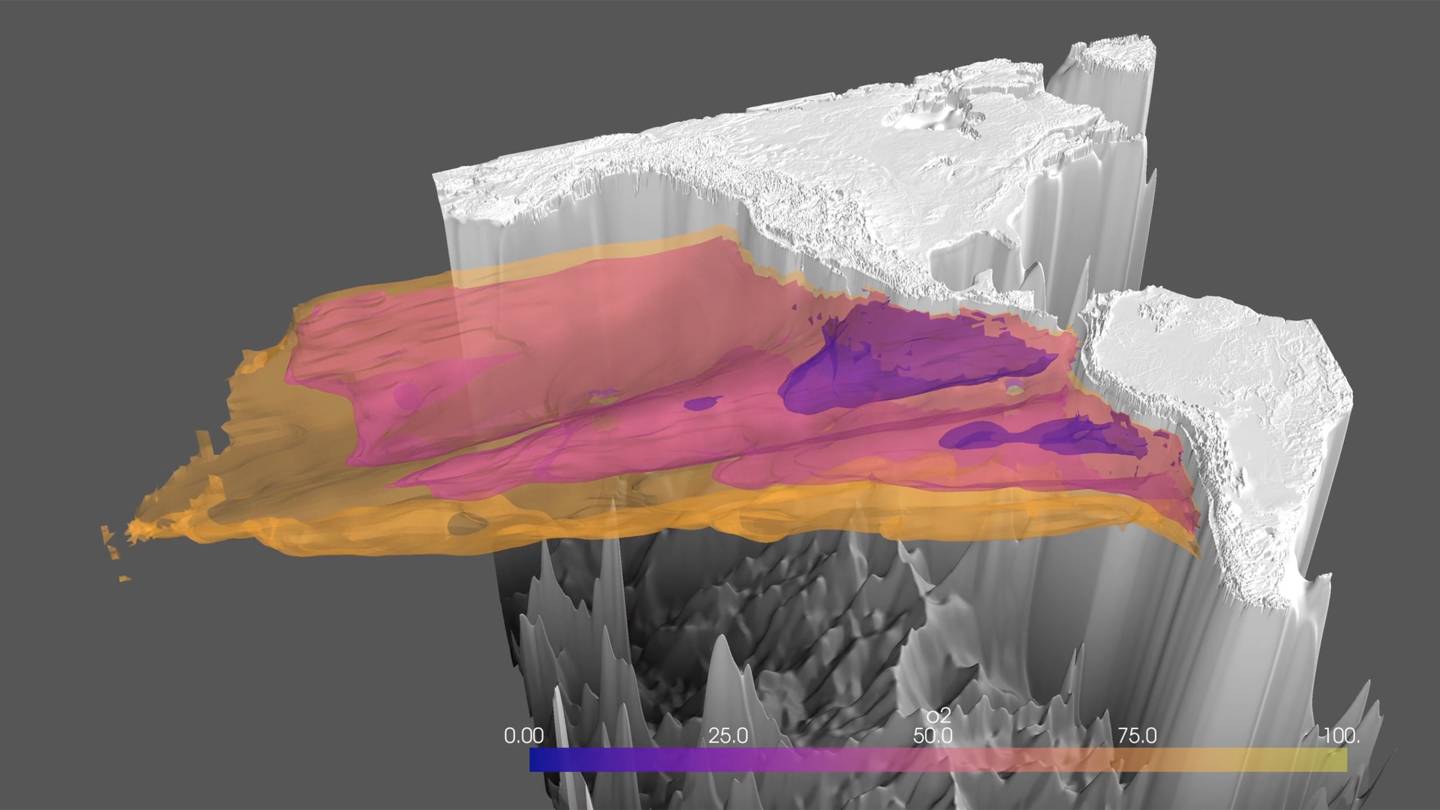 3D visualization of the Pacific Oxygen Minimum Zone;  See title for details.