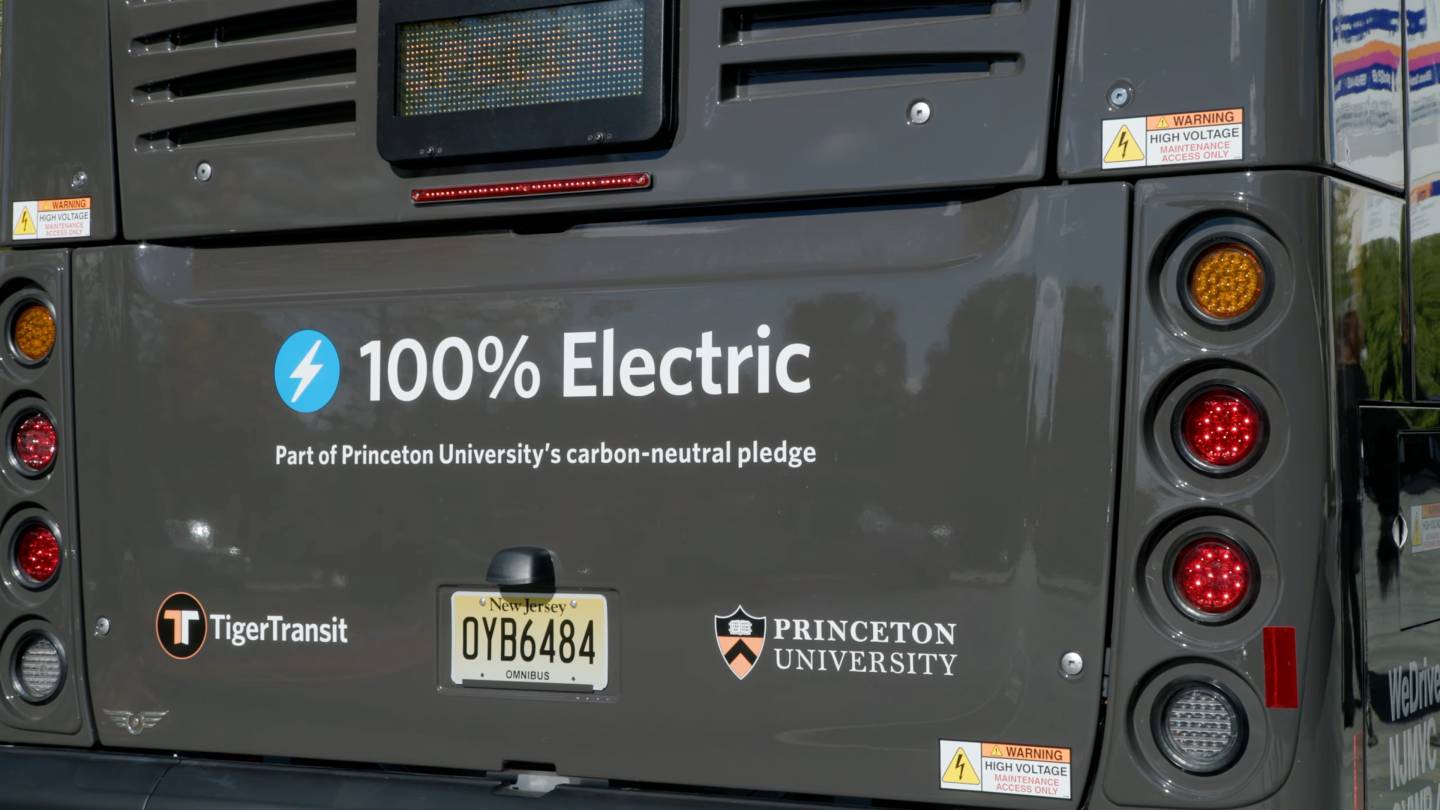 Back of Electric Bus with the tagline "100% Electric"