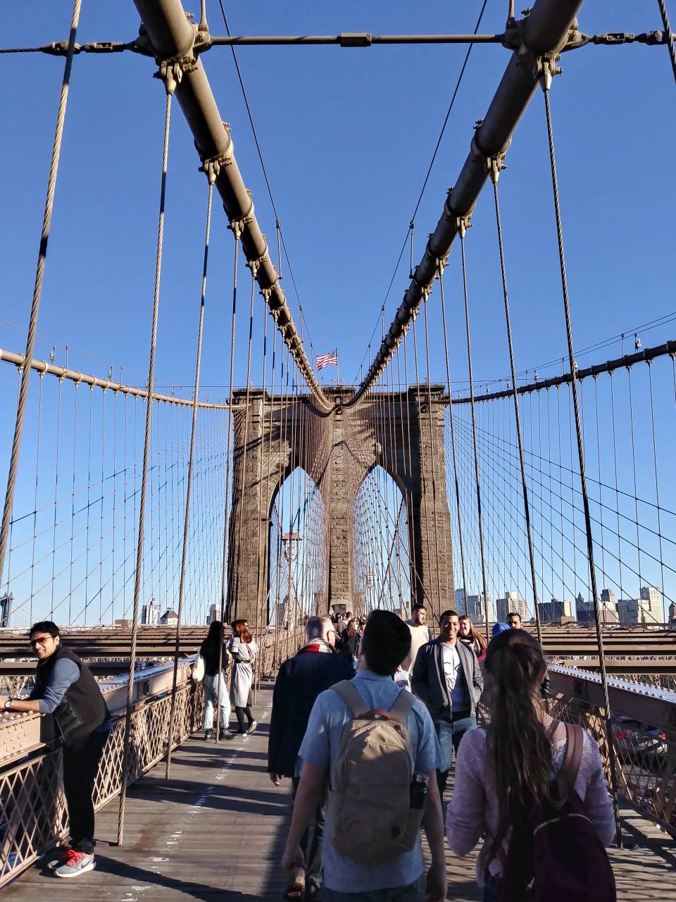 Students walking on Brooklyn Bridge