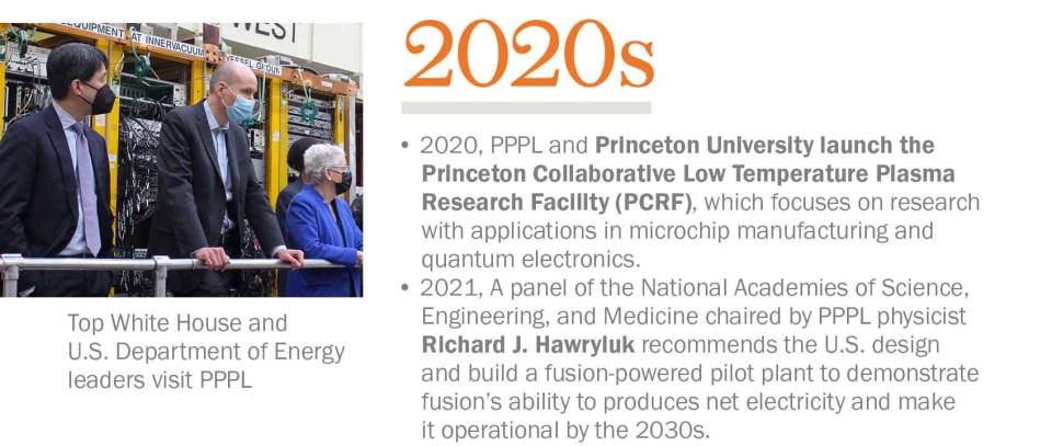 • 2020, PPPL and Princeton University launch the Princeton Collaborative Low Temperature Plasma Research Facility (PCRF), which focuses on research with applications in microchip manufacturing and quantum electronics. • 2021, A panel of the National Academies of Science, Engineering, and Medicine chaired by PPPL physicist Richard J. Hawryluk recommends the U.S. design and build a fusion-powered pilot plant to demonstrate fusion’s ability to produces net electricity and make it operational by the 2030s. 