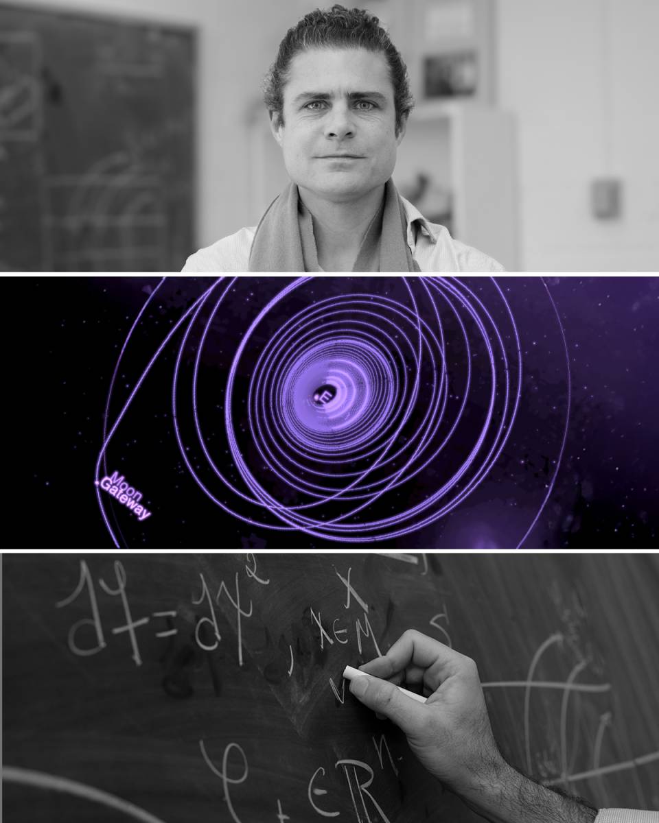 Stack of three images showing Beeson, calculated orbits in the Earth-Moon environment, and equations on a chalkboard