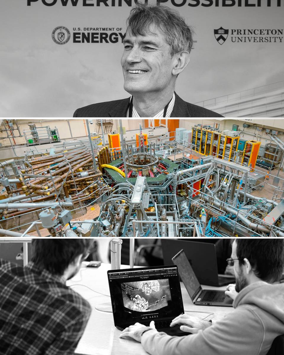 Three stacked photos show Steven Cowley, an overhead view of the NSXT-U device, and attendees at PPPL’s 2025 AI Jam Session