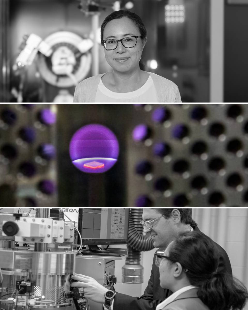 Stacked images show de Leon, a close-up inside a quantum diamond reactor, and researchers at the Quantum Diamond Lab.