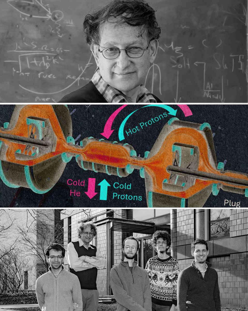 Three stacked photos show Nat Fisch, a mockup of a pB11 fusion system, and Fisch’s research team