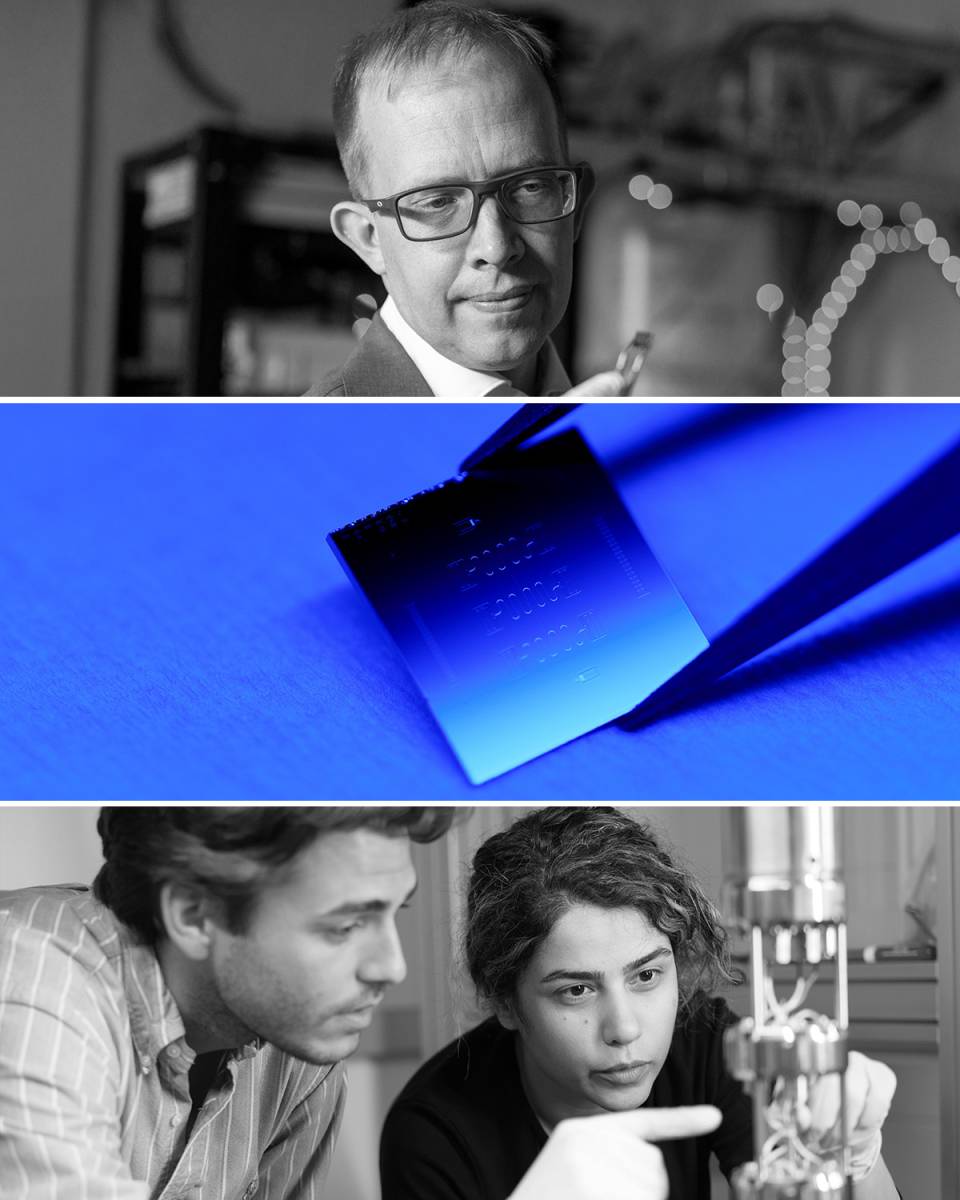 Stack of images showing Andrew Houck (top), a computer chip, and researchers in Houck's lab.