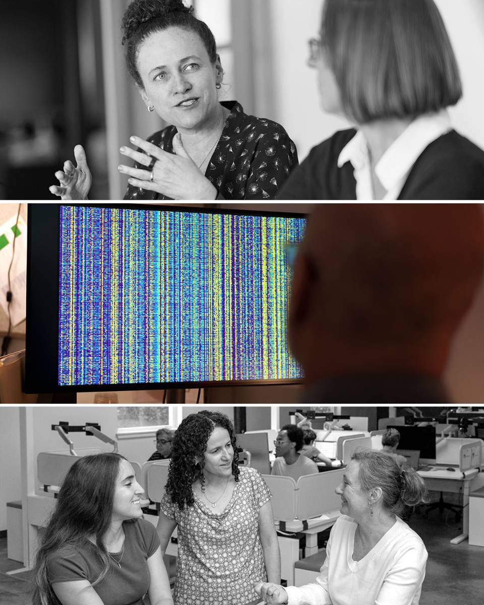 Three stacked images show Olga Troyanskaya talking to a colleague, a monitor displaying lab data, and Troyanskaya with her students.