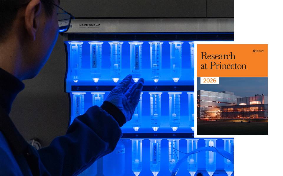 Vials in a laboratory with inset of Research at Princeton report cover