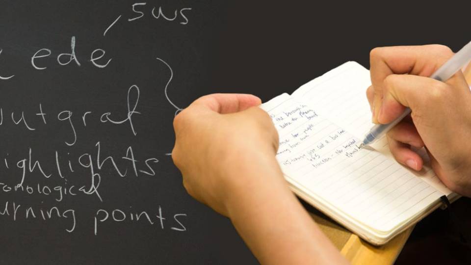 Summer Journalism Program blackboard "-Lede -Nutgraf -Highlights chronological -turning points"; taking notes