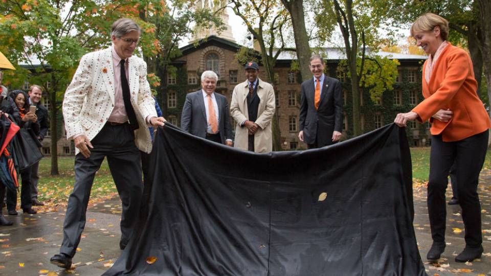 Charter Day unveiling of new medallion in front of Nassau Hall Jeffrey Wieser and Sara Judge with Robert Durkee, Brent Henry and President Eisgruber