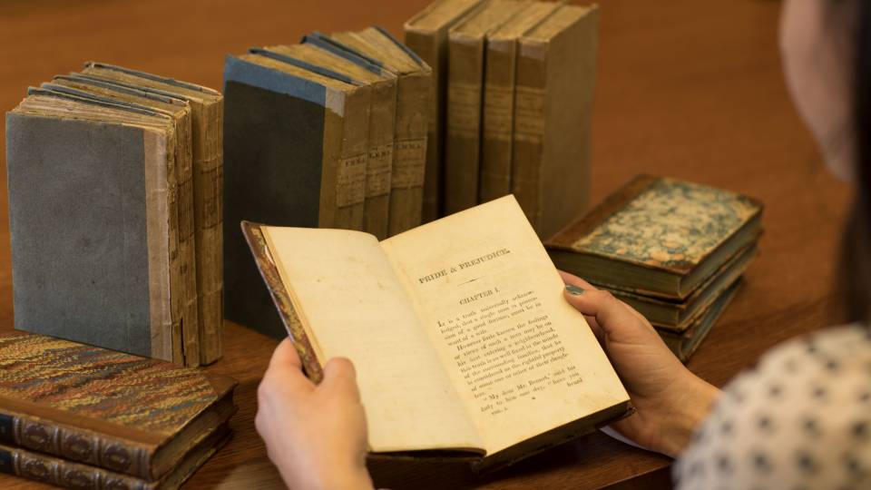 First edition of Pride and Prejudice with other first editions of Jane Austen