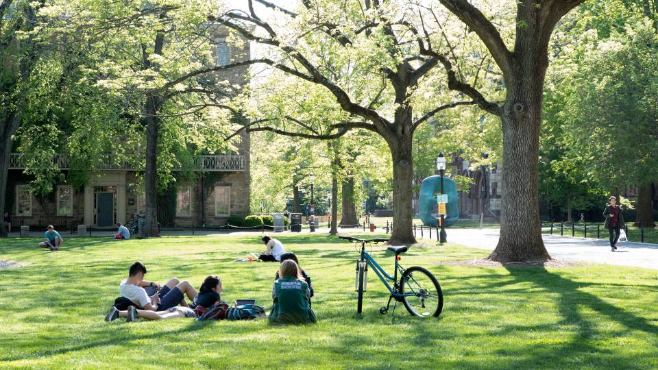Students sitting on lawn on campus by Morrison Hall and Oval With Points sculpture