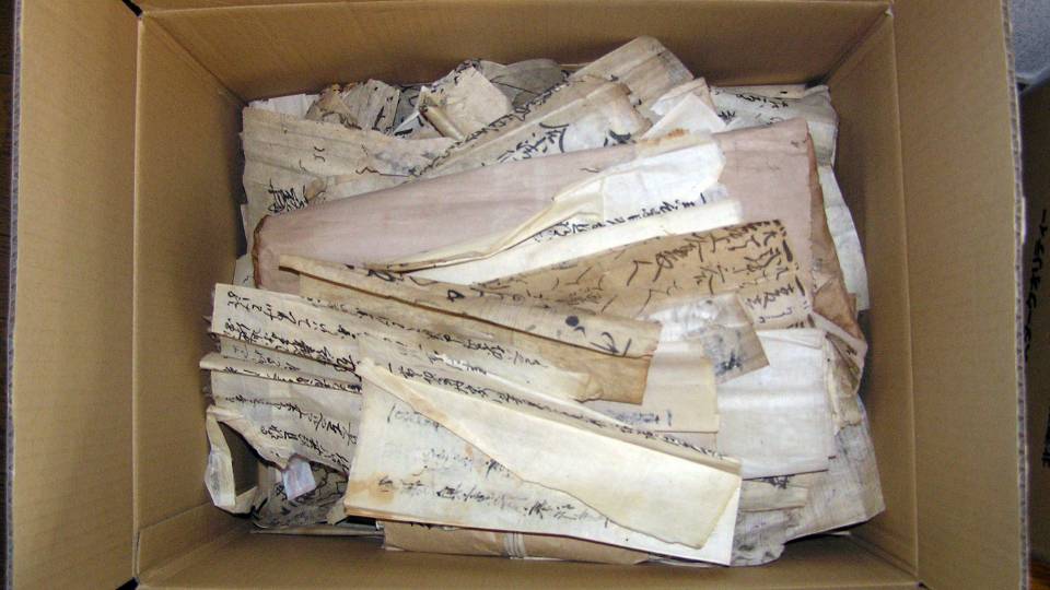 Cardboard box full of Japanese medieval documents