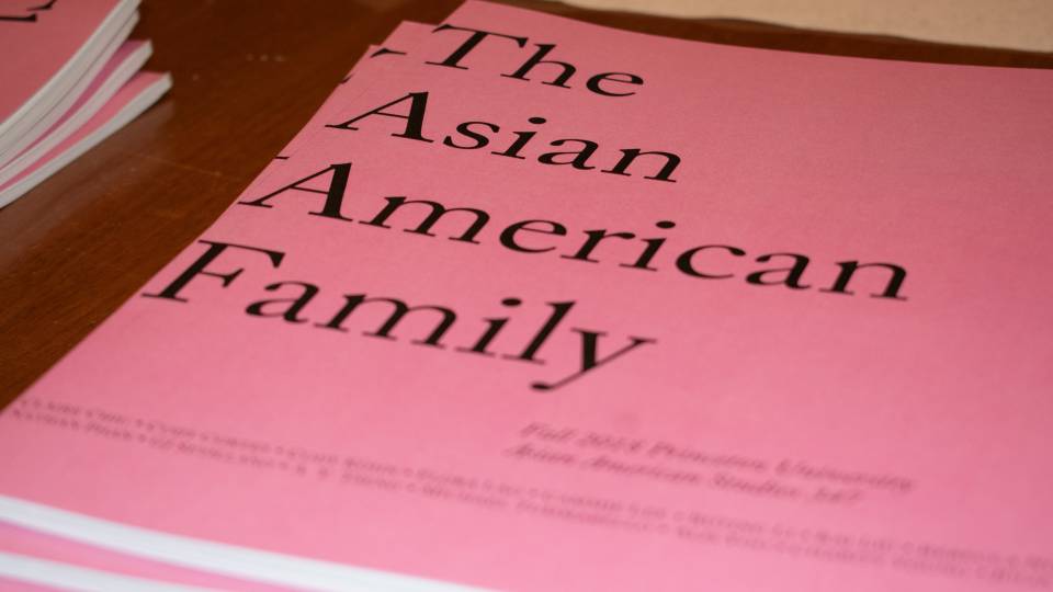 Close-up of pink covers of the Asian American Family zine