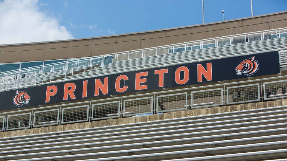 banner that reads "Princeton" flanked by tiger head illustrations at Powers Field