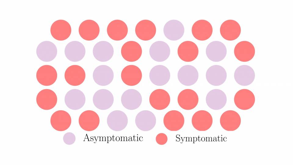 dots that represent covid (symptomatic v asymptomatic) and its transmission