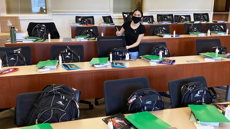 Summer teaching assistant for the Princeton University Preparatory Program, prepares backpacks filled with essential supplies for this year’s cohort of PUPP scholars