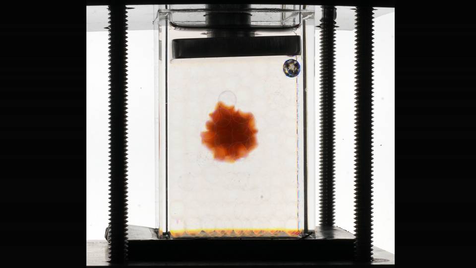 a container of liquid and orange blot