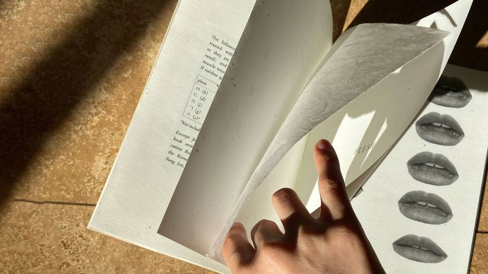 hand turns the page of a book to images of lips