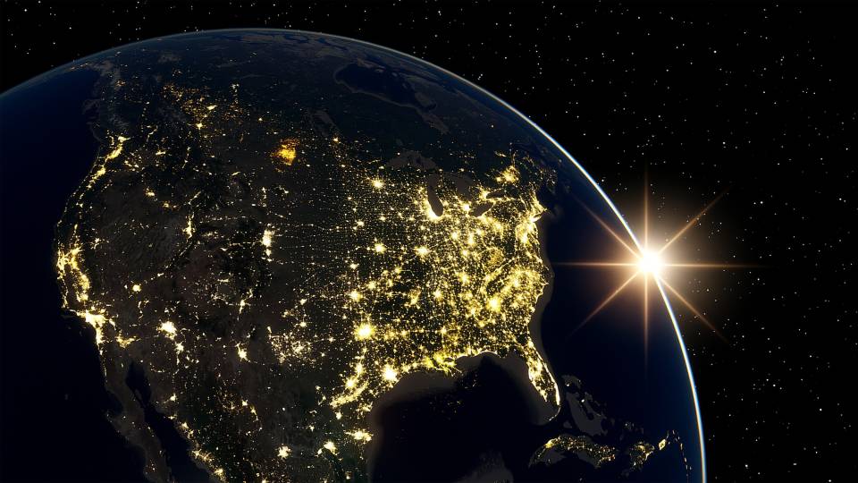 View from high altitude of lights across the United States at night