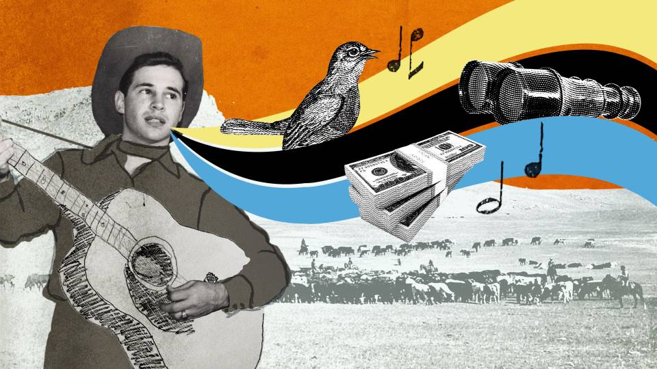 A man in a cowboy hat plays a guitar and sings a bird, a stack of money, and binoculars with a herd of cows in the background